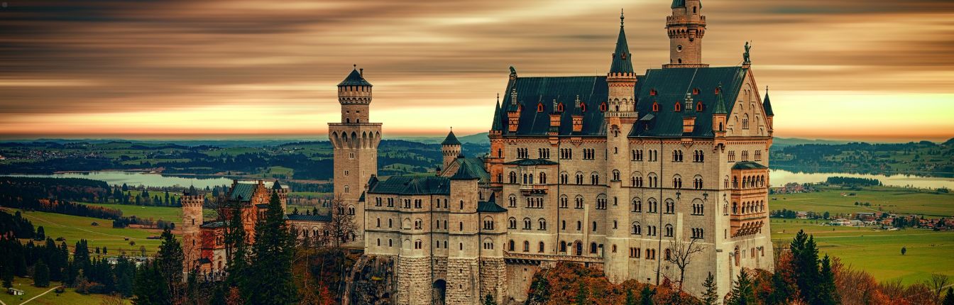 Neuschwanstein Castle in Germany at sunset.