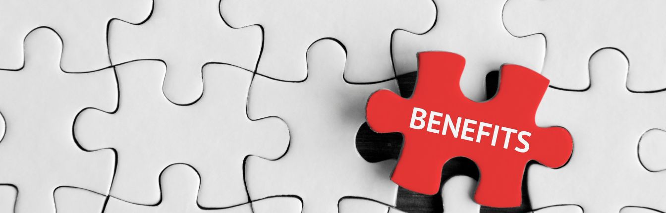 A red puzzle piece that says "benefits" on top of plain white puzzle pieces.