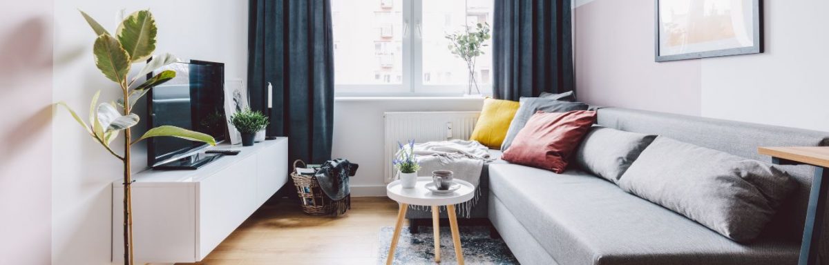 A living room in an apartment building.