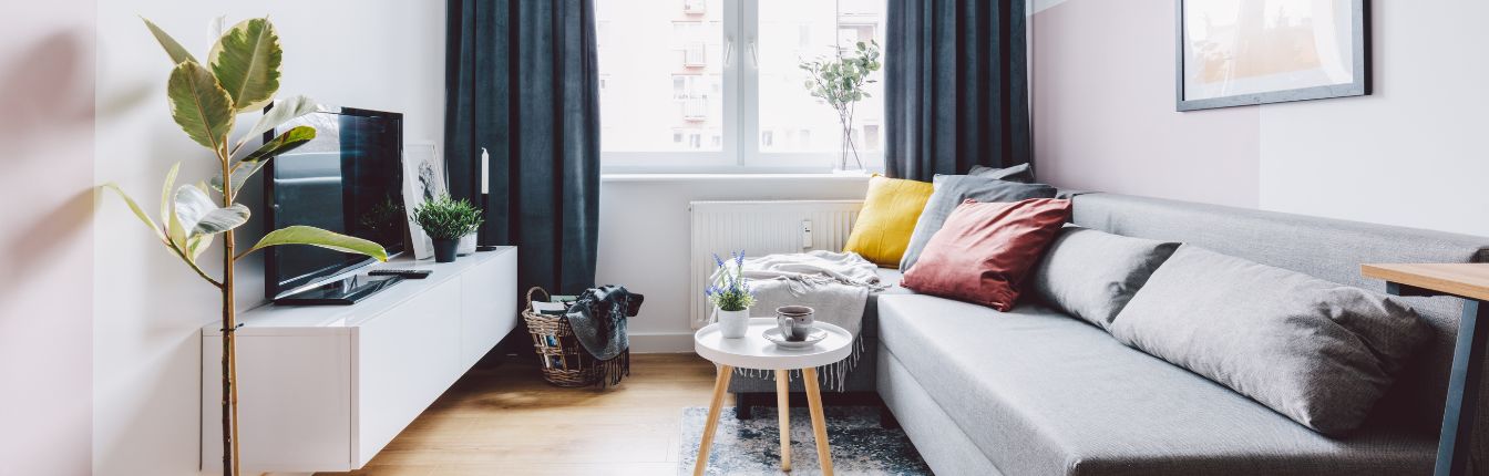 A living room in an apartment building.