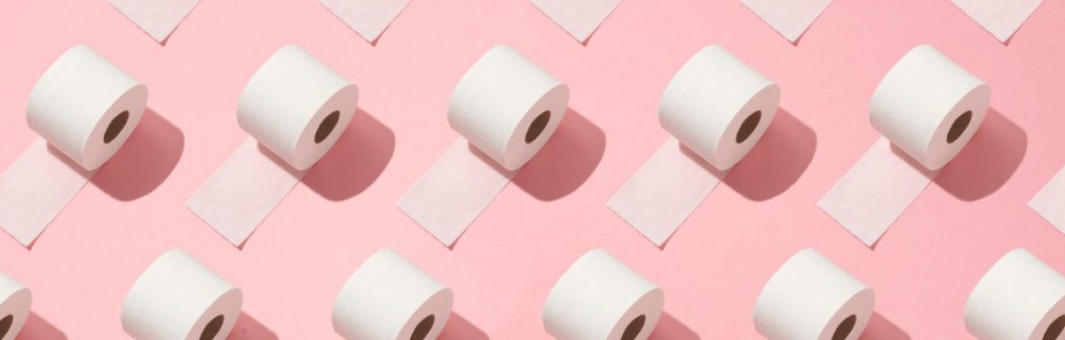 A digital image of rolls of toilet paper repeated on a pink background.